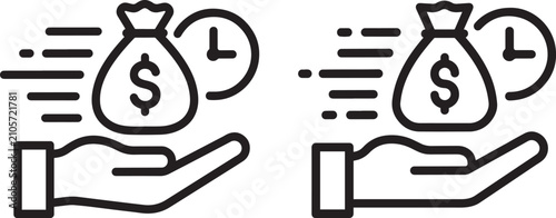 Hand Holding Money Bag with Coins and Dollar Symbol Outline Icons for Fast Loan Investment and Financial Management Vector Set
