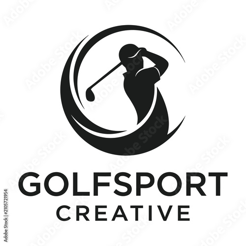 Golf Sport Creative Logo Design Featuring A Silhouette Of A Golfer Swing Action