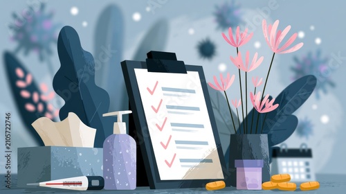 Desk scene for health and wellness campaigns, clipboard with long checklist, pump sanitizer bottle, tissues, thermometer, pills, pink flowers in vase