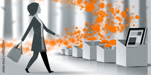 Grayscale female shopper in coat carries bag, walks past white boxes emitting orange circles in modern retail interior, highlighting minimalist fashion retail branding and packaging cues
