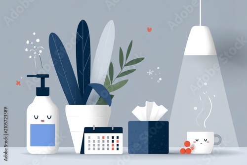 Minimalist desk scene with soap pump bottle, potted plant, desk calendar, tissue box, cup and mug, steam, berries, and large pendant lamp suggesting modern home office ambiance
