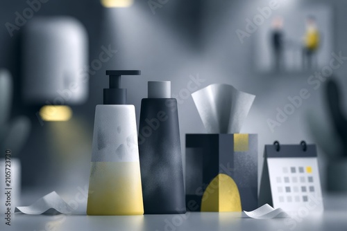 Minimalistic office scene with pump bottles, tissue box, calendar, and scattered papers on cool gray desk, suitable for modern workspace branding and productivity campaigns