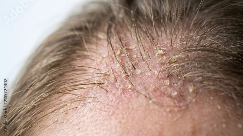 Close-up of human scalp with dry flaky dandruff, seborrheic dermatitis, and irritated red skin showing signs of psoriasis or eczema. AI generated.
