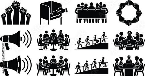Minimalist solid black silhouette icon set for social justice, voting, diversity, and community activism campaigns