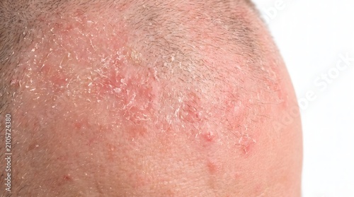 Close-up of human scalp with dry flaky dandruff, seborrheic dermatitis, and irritated red skin showing signs of psoriasis or eczema. AI generated.
