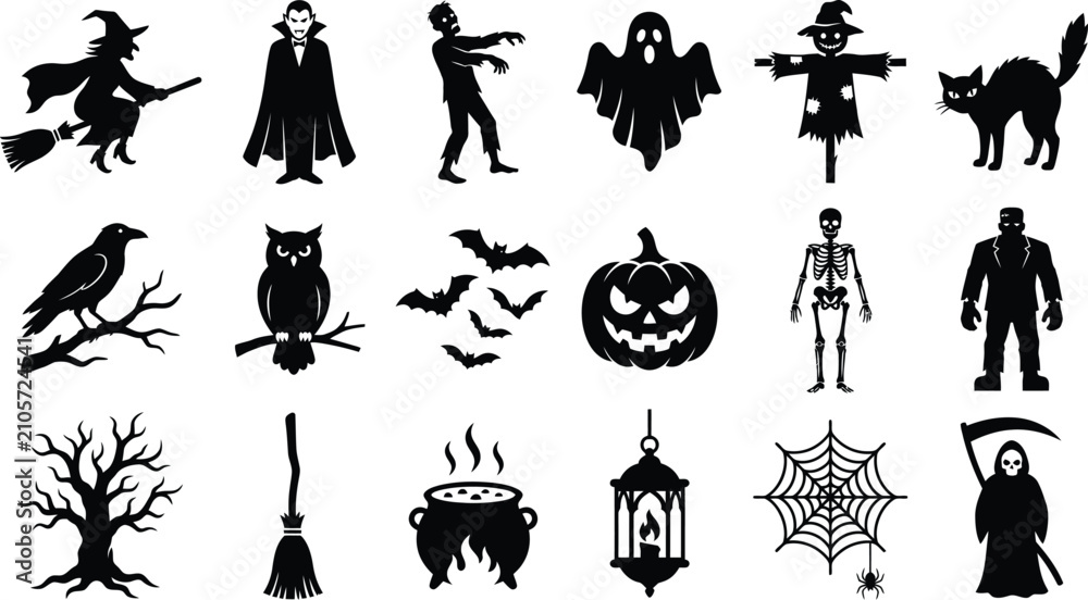 Fototapeta premium Set of halloween silhouette icons isolated on transparent background spooky symbols vector illustration.