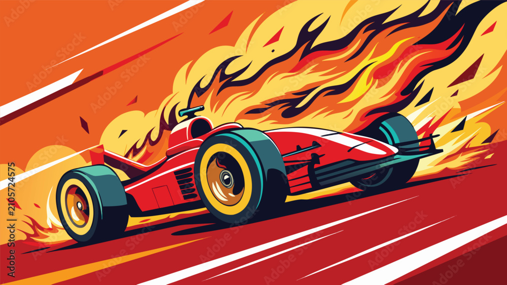 Obraz premium Red Formula One racecar speeding with flames during competition on asphalt track