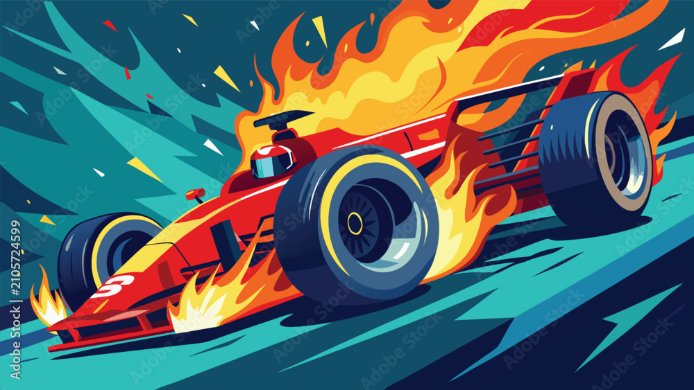 Obraz premium Red race car speeding with flames during a dynamic sporting event with abstract motion blur