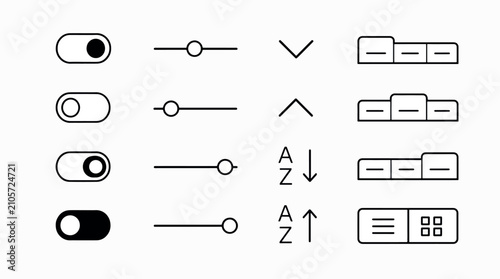 Collection of simple UI toggle switches, sliders, sorting icons, and navigation buttons for digital.