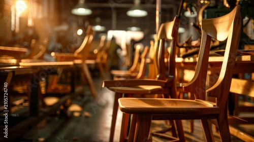 Warm light glows over wooden chairs