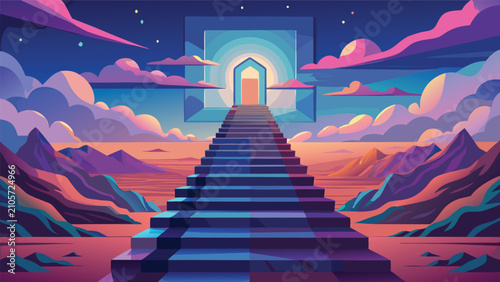 Stairway to archway portal in surreal desert landscape during twilight with vibrant clouds and starry sky