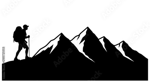Bilde på lerret Hiker With Backpack And Mountain Range Black Silhouette