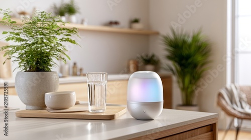 Soft light glows from a modern diffuser on a kitchen counter