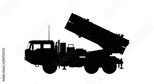 Cuadro en lienzo Military Truck With Missile Launcher Silhouette On White Background