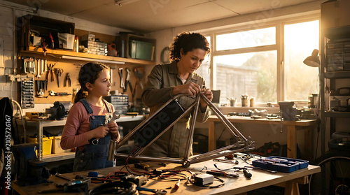 Mother and daughter repairing bicycle frame in sunny home workshop