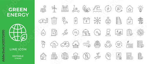 Green energy icon set. Editable line icons. Vector iicon pack.