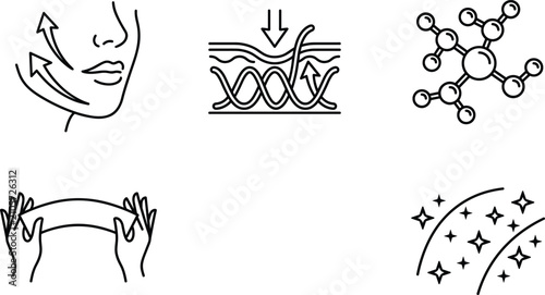 Anti aging skincare medical dermatology and face lifting treatment line icon set with collagen molecule vector