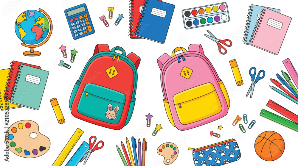Fototapeta Bright colorful school supplies featuring two backpacks surrounded by various stationery items on a flat background