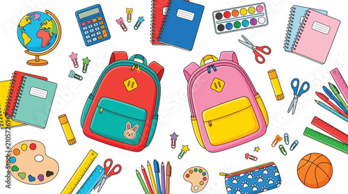 Bright colorful school supplies featuring two backpacks surrounded by various stationery items on a flat background