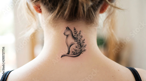 Black ink cat tattoo on woman's upper arm