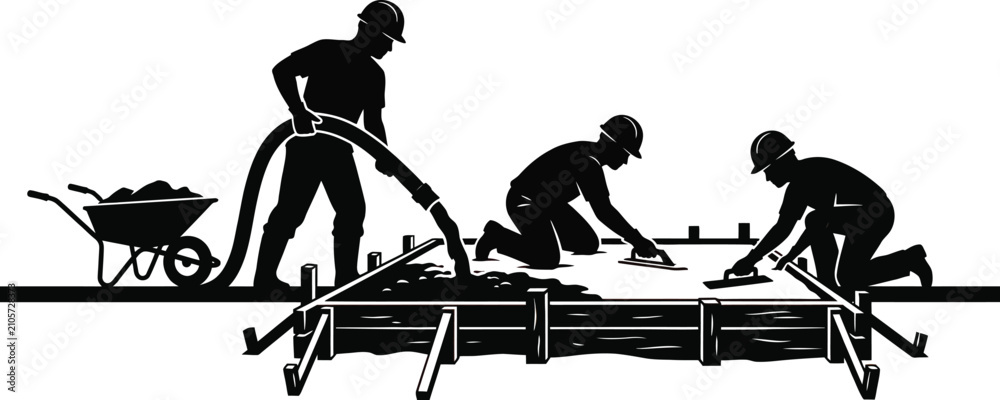 Obraz premium Construction workers silhouette team pouring cement and smoothing foundation surface on construction.