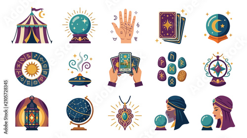 Canvas-taulu Flat vector icons of mystical tools, astrology, and divination elements