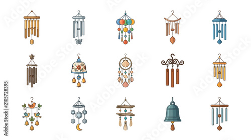 Konstfotografi Collection of colorful wind chime icons and garden hanging ornaments