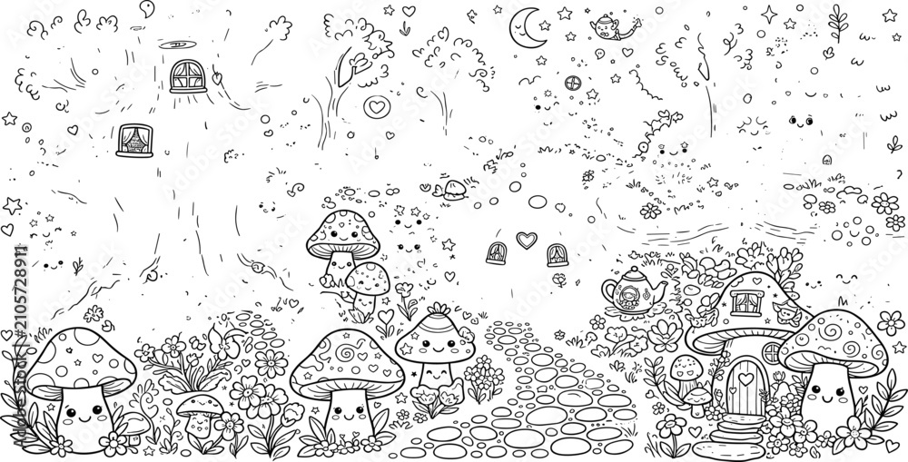 Obraz premium Magical Fairy Garden Coloring Page with Mushroom Houses, Enchanted Forest Path, Cute Fantasy Village, Whimsical Nature, and Printable Line Art Vector Illustration