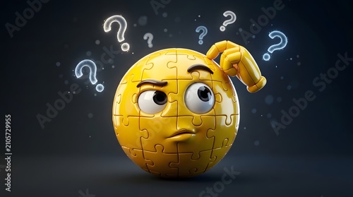 3D Puzzle Sphere Emoji Thinking and Confused Scratching Head Surrounded by Glowing Blue Question Marks