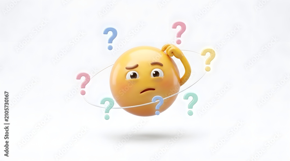 Fototapeta premium 3D Yellow Confused Emoji Character Scratching Head with Orbiting Pastel Question Marks Isolated on Light Background