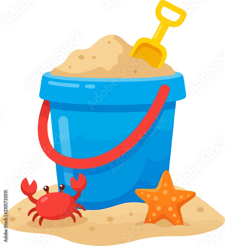 Sand bucket with shovel, crab and starfish