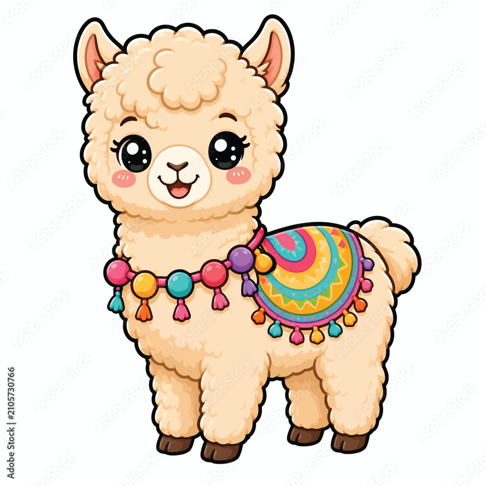 Fototapeta premium Cute Cartoon Baby Llama Illustration With Colorful Decorative Saddle Blanket And Festive Pom Pom Collar Accessory Art