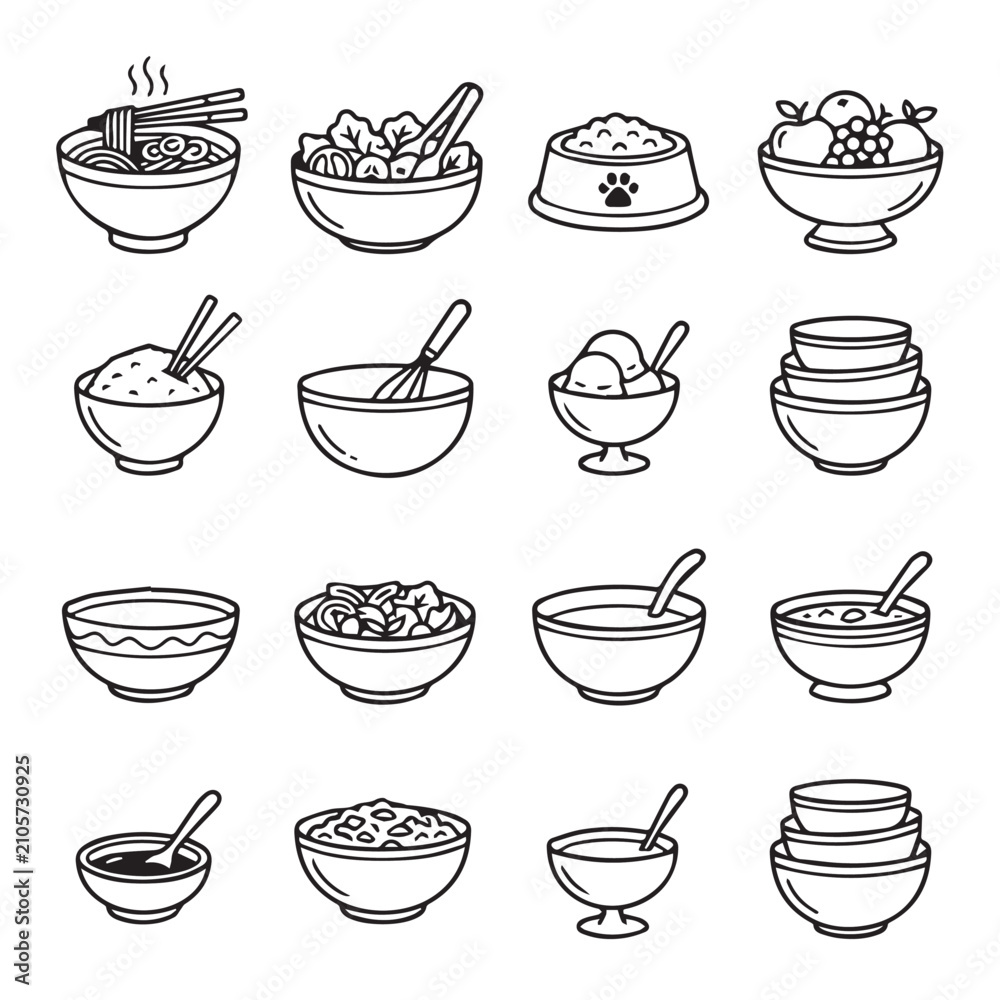 Obraz premium Diverse bowls filled with food and ingredients in a clean graphic illustration style