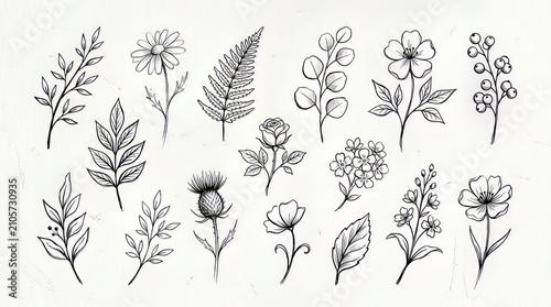 Detailed hand drawn botanical illustrations featuring various wildflowers roses ferns and foliage arranged in a clean black and white ink sketch style for creative design projects