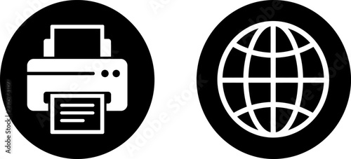 Set of utility icons including a printer and a globe symbol