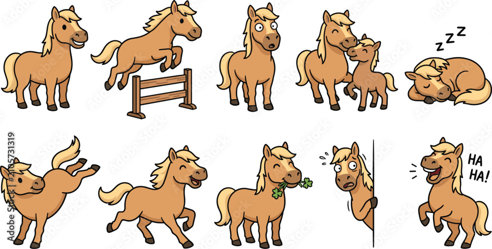 Fototapeta premium Cute cartoon horse character emoji set, various emotions, jumping, sleeping, running vector illustration