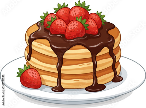 Fotografija Stack of pancakes with chocolate sauce and fresh strawberries