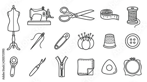 Quadro su tela Sewing icons set in thin line style, tailor equipment collection with 15 vector