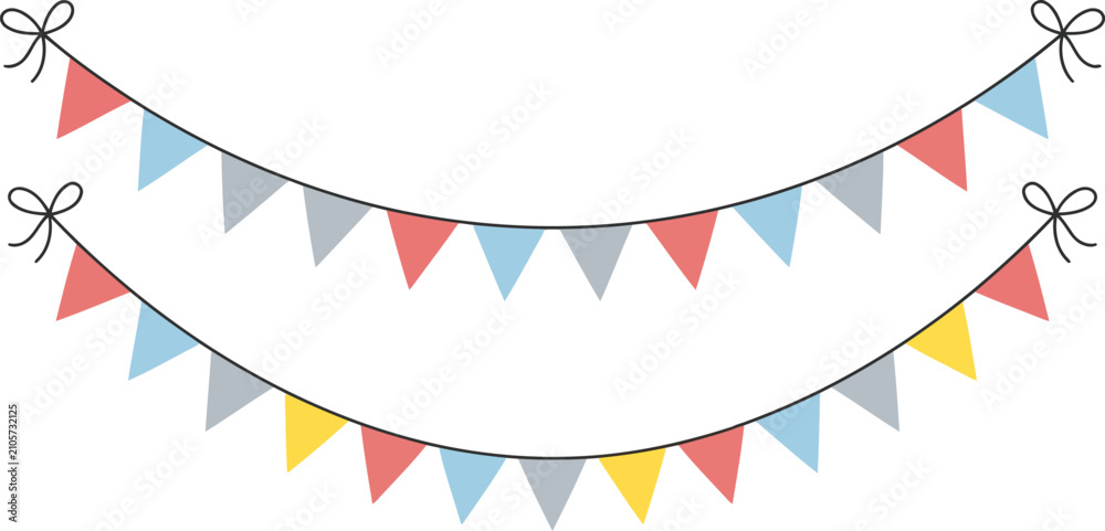 Obraz premium Two rows of colorful triangular party bunting flags hanging on strings