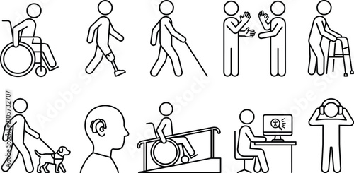 Disability and accessibility line icon set, wheelchair, blind guide dog, prosthetic leg vector illustration