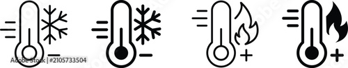 Hot and cold temperature thermometer icon set. High and low heat symbol. Freeze, flame, chill and frost signs. Thermal and temperature concept representing hot and cold monitoring.