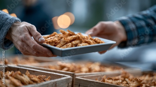 Two hands pass white tray of fresh chanterelle mushrooms in rustic market setting, showcasing local harvest, autumn ambiance, farmers market vibe, wooden stalls, warm lighting, seasonal cuisine