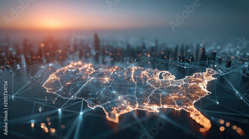 Digital network map of the united states glowing with city lights at dusk in futuristic style