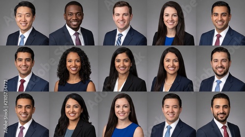 Mosaic of diverse professional business headshots in formal corporate attire against grey background