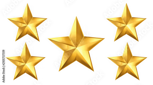 Five Gold Stars Isolated on Transparent Background with Realistic Metallic Finish