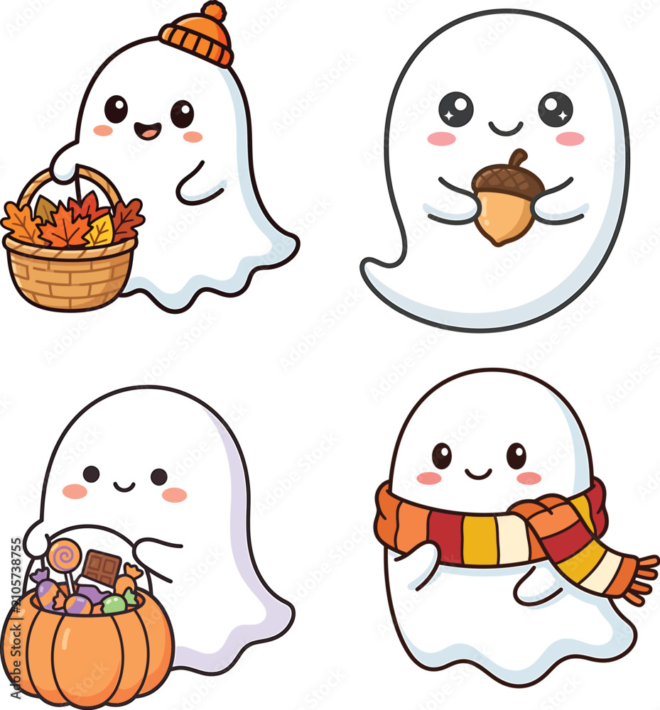 Obraz premium Cute cartoon ghosts set with autumn elements for fall season celebration vector illustration in flat style