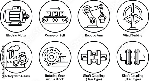 Minimalist vector line art round badge icon set of mechanical engineering heavy industry factory machinery and renewable energy elements