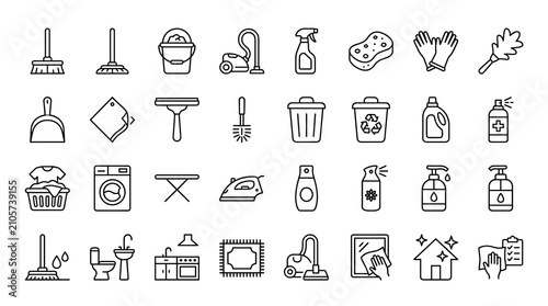 Canvastavla Home cleaning outline icon set with editable housekeeping and sanitation symbols