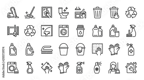 Foto Editable home cleaning line icon collection with housekeeping service symbols is