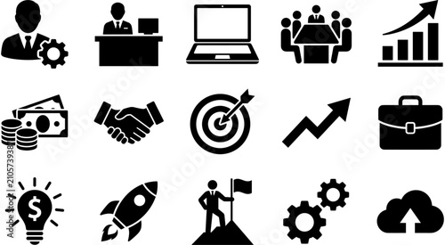 Business icon set with startup elements, rocket, target, handshake, growth chart, money, gears, briefcase, cloud, idea, management, professional vector illustration.
